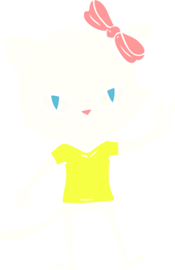 Sevimli düz renkli çizgi film kedisi kız bir insan tarafından çizilmiş barış işareti veriyor