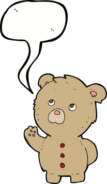 Bir insan tarafından çizilmiş konuşma balonlu oyuncak ayıyı sallayan çizgi film.