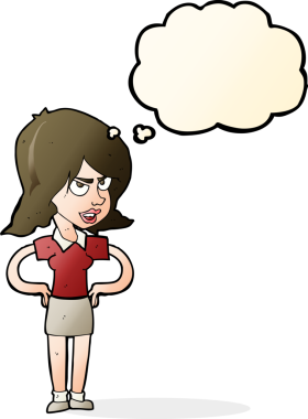 Elleri kalçasında bir insan tarafından çizilmiş düşünce baloncuğu olan karikatür hastası bir kadın.