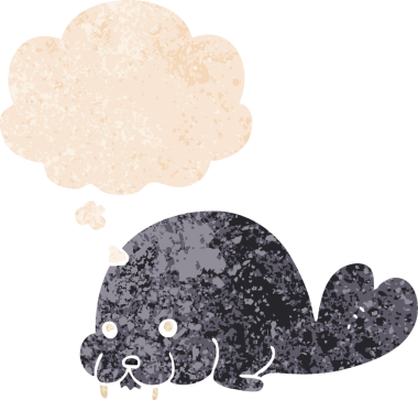 Düşünce baloncuğu ve grunge ile sevimli karikatür deniz aygırı bir insan tarafından çizilmiş sıkıntılı retro tarzı