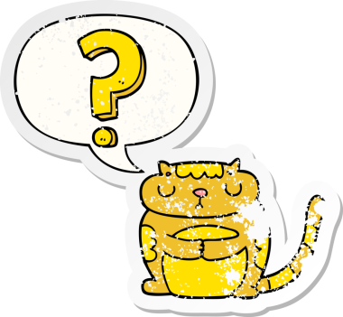 Konuşma balonlu soru işareti olan çizgi film kedisi bir insan tarafından çizilmiş sıkıntılı eski bir çıkartma