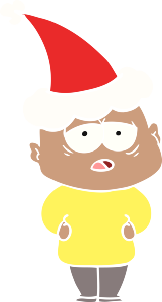 Bir insan tarafından çizilmiş Noel Baba şapkası giyen yorgun ve kel bir adamın düz bir resmi.