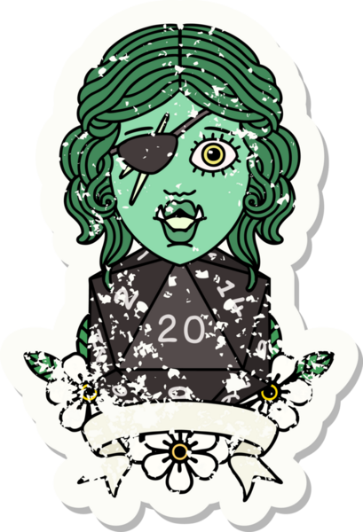 Bir insan tarafından çizilmiş 20 zarlı yarım ork haydut karakterinin grunge sticker 'ı.