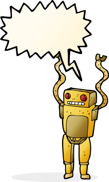 Bir insan tarafından çizilmiş konuşma balonlu komik robot.