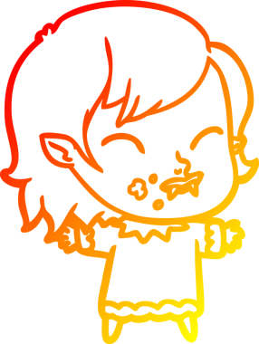 Bir insan tarafından çizilmiş yanağında kan olan vampir bir kızın çizgi film çizimi.