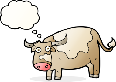 Bir insan tarafından çizilmiş düşünce balonlu çizgi film ineği.