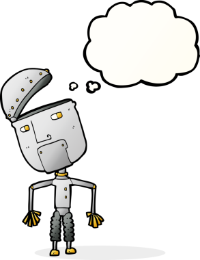 Bir insan tarafından çizilmiş düşünce baloncuklu komik robot.