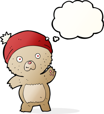 Bir insan tarafından çizilmiş düşünce baloncuğu olan sevimli çizgi film ayısı.