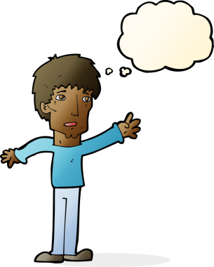 Çizgi filmdeki endişeli adam bir insan tarafından çizilmiş düşünce balonuyla uzanıyor.