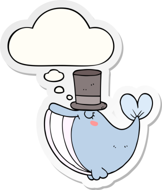 Düşünce baloncuklu silindir şapkalı balina insan tarafından çizilmiş bir çıkartma.