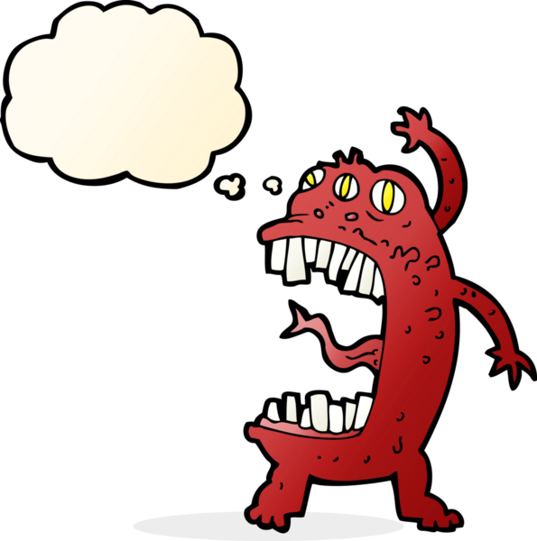 Bir insan tarafından çizilmiş düşünce baloncuğu olan çılgın bir canavar.