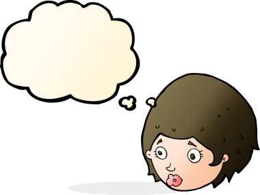 Bir insan tarafından çizilmiş düşünce baloncuğuyla ilgili endişeli bir ifadesi olan çizgi film kızı.