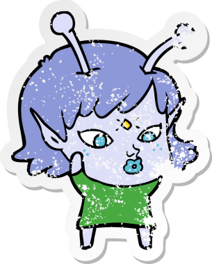 Bir insan tarafından çizilmiş güzel uzaylı bir kızın sıkıntılı çıkartması.