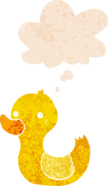 Düşünce baloncuğu ve grunge ile çizgi film ördeği bir insan tarafından çizilmiş sıkıntılı retro tarzı