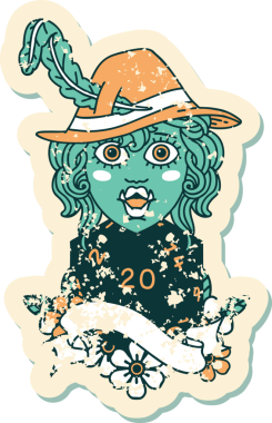 Retro Dövme Tarzı Bir insan tarafından çizilmiş 20 zarlı yarı ork ozan karakteri