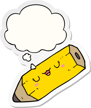 Bir insan tarafından çizilmiş bir çıkartma olarak düşünce baloncuklu şirin çizgi film kalemi.