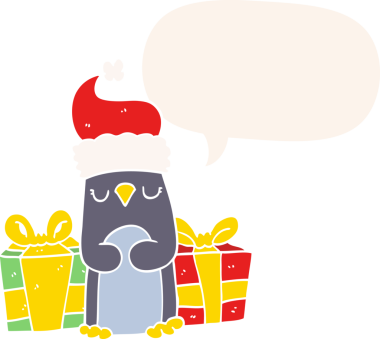Bir insan tarafından çizilmiş retro tarzı konuşma baloncuğu olan sevimli bir Noel pengueni.