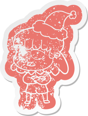 Bir insan tarafından çizilmiş Noel Baba şapkası giyen yorgun bir kadının garip bir karikatürü.