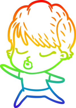 Gökkuşağı gradyan çizgi çizimi bir insan tarafından çizilmiş gözleri olan bir karikatür kadın