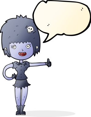 Çizgi filmdeki vampir kız bir insan tarafından çizilmiş konuşma balonuyla baş parmak işareti yapıyor.