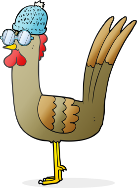 Bir insan tarafından çizilmiş gözlüklü ve şapkalı karikatür tavuğu.
