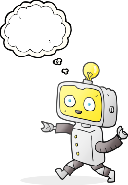 Serbest çizim düşünce balonu karikatürü küçük robot bir insan tarafından çizildi