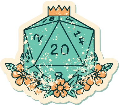 Retro Dövme Biçimi Doğal 20 D20 zar bir insan tarafından çizilmiş çiçek elementleriyle