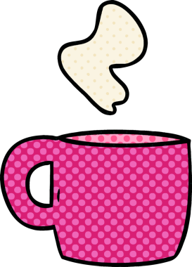 Bir insan tarafından çizilmiş dumanı tüten sıcak bir içeceğin karikatürü.