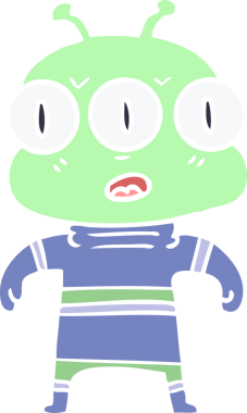 Düz renkli karikatür. Bir insan tarafından çizilmiş üç gözlü uzaylı.