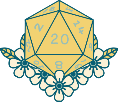 Retro Dövme Biçimi Doğal 20 D20 zar bir insan tarafından çizilmiş çiçek elementleriyle