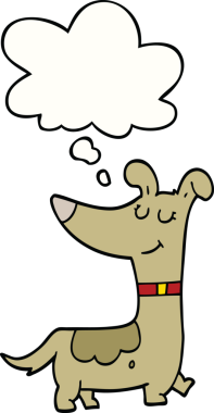 Bir insan tarafından çizilmiş düşünce baloncuklu çizgi film köpeği.