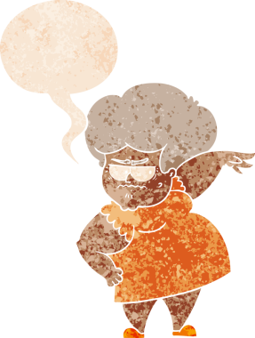 çizgi film kızgın yaşlı kadın grunge sıkıntılı retro tarzı bir insan tarafından çizilmiş konuşma balonu