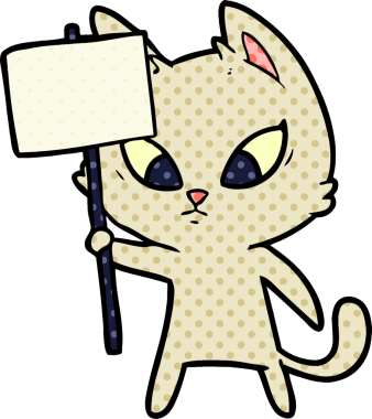 Bir insan tarafından çizilmiş protesto işareti olan kafası karışmış çizgi film kedisi.