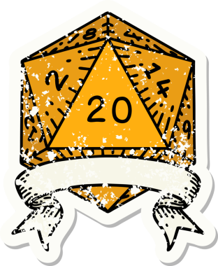 Bir insan tarafından çekilen 20 kritik vuruşluk D20 zar atımının grunge çıkartması.