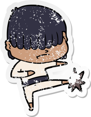 Bir insan tarafından çizilmiş dağınık saçlı bir çizgi film çocuğunun sıkıntılı çıkartması.