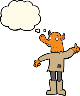 Bir insan tarafından çizilmiş düşünce balonlu tilki adam.