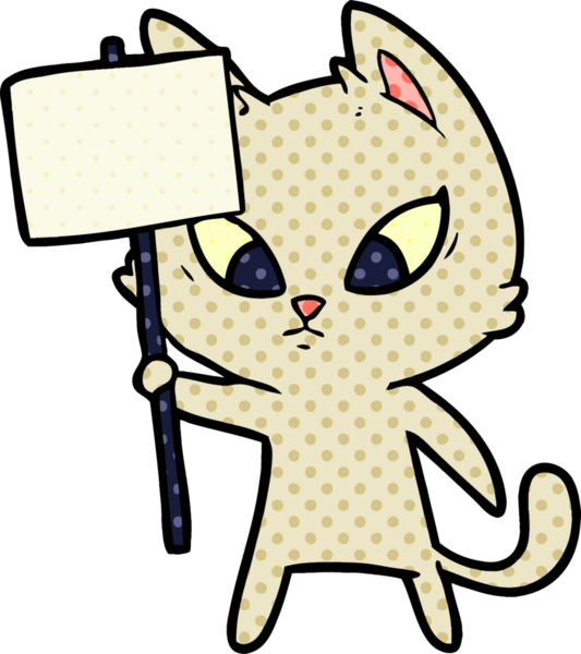 Bir insan tarafından çizilmiş protesto işareti olan kafası karışmış çizgi film kedisi.