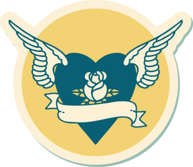 Geleneksel kalp tarzında bir dövme çıkartması. Kanatlarıyla bir insan tarafından çizilmiş bir gül ve bayrak.