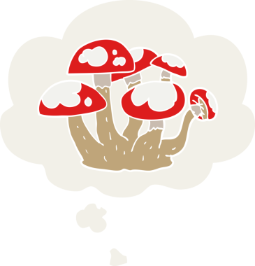 Düşünce baloncuğu olan karikatür mantarları insan tarafından çizilmiş.