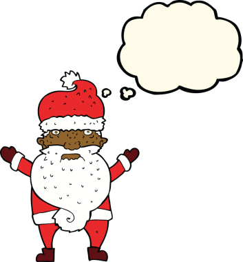 Bir insan tarafından çizilmiş düşünce baloncuklu huysuz Noel Baba çizgi filmi.