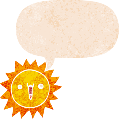 grunge 'da konuşma baloncuğu olan karikatür güneşi bir insan tarafından çizilmiş rahatsız edici retro stil.