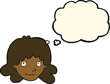 Bir insan tarafından çizilmiş düşünce baloncuklu mutlu kadın yüzü.