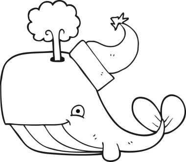 Bir insan tarafından çizilmiş Noel şapkası takan siyah beyaz bir balina.