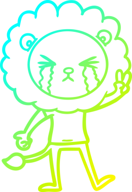 Bir insan tarafından çizilmiş barış işareti veren ağlayan bir aslanın çizgi çizimi.