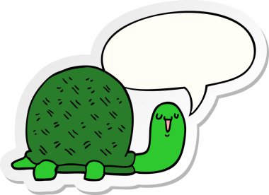 Bir insan tarafından çizilmiş konuşma kabarcığı çıkartmalı şirin çizgi film kaplumbağası.