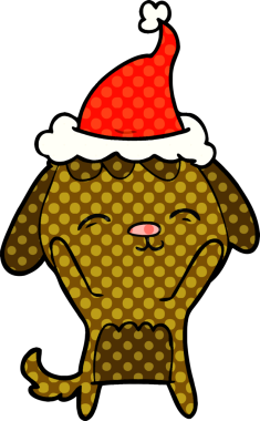 Mutlu el çizimi çizgi roman tarzı Noel Baba şapkası takan bir köpek insan tarafından çizilmiş.