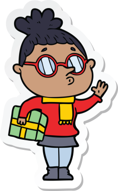 Bir insan tarafından çizilmiş gözlüklü bir karikatür kadının çıkartması.