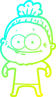 Bir insan tarafından çizilmiş, mutlu, yaşlı bir kadının çizimi.