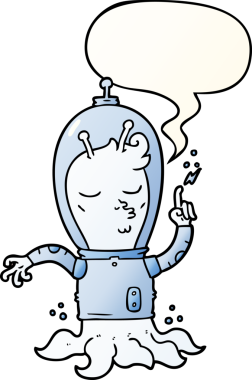 Bir insan tarafından çizilmiş, konuşma baloncuklu çizgi film uzaylısı.