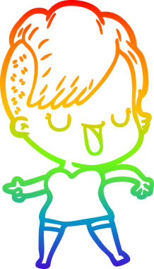 Gökkuşağı gradyan çizimi. Hipster saç kesimi bir insan tarafından çizilmiş şirin bir çizgi film kızı.